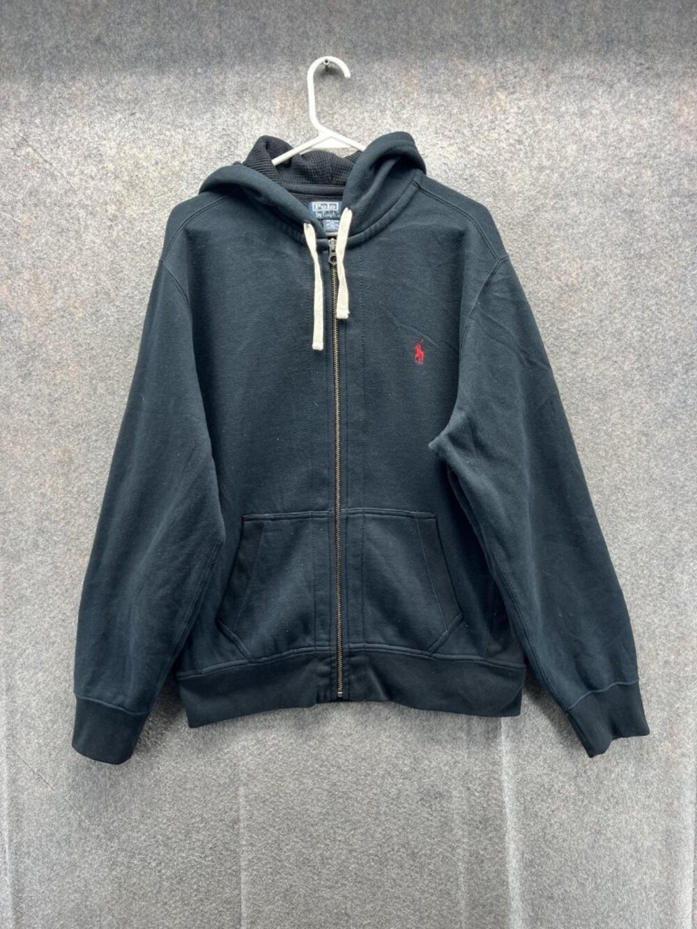 Polo Ralph Lauren Hoodie Mens Large Black Zip Fleece Red Pony Logo Sweatshirt